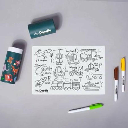 kids reusable silicone placemat on table with pencils