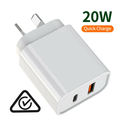 Dual Wall Plug Adapter Quick Charger for USB plus Type C 20 watt quick charge label
