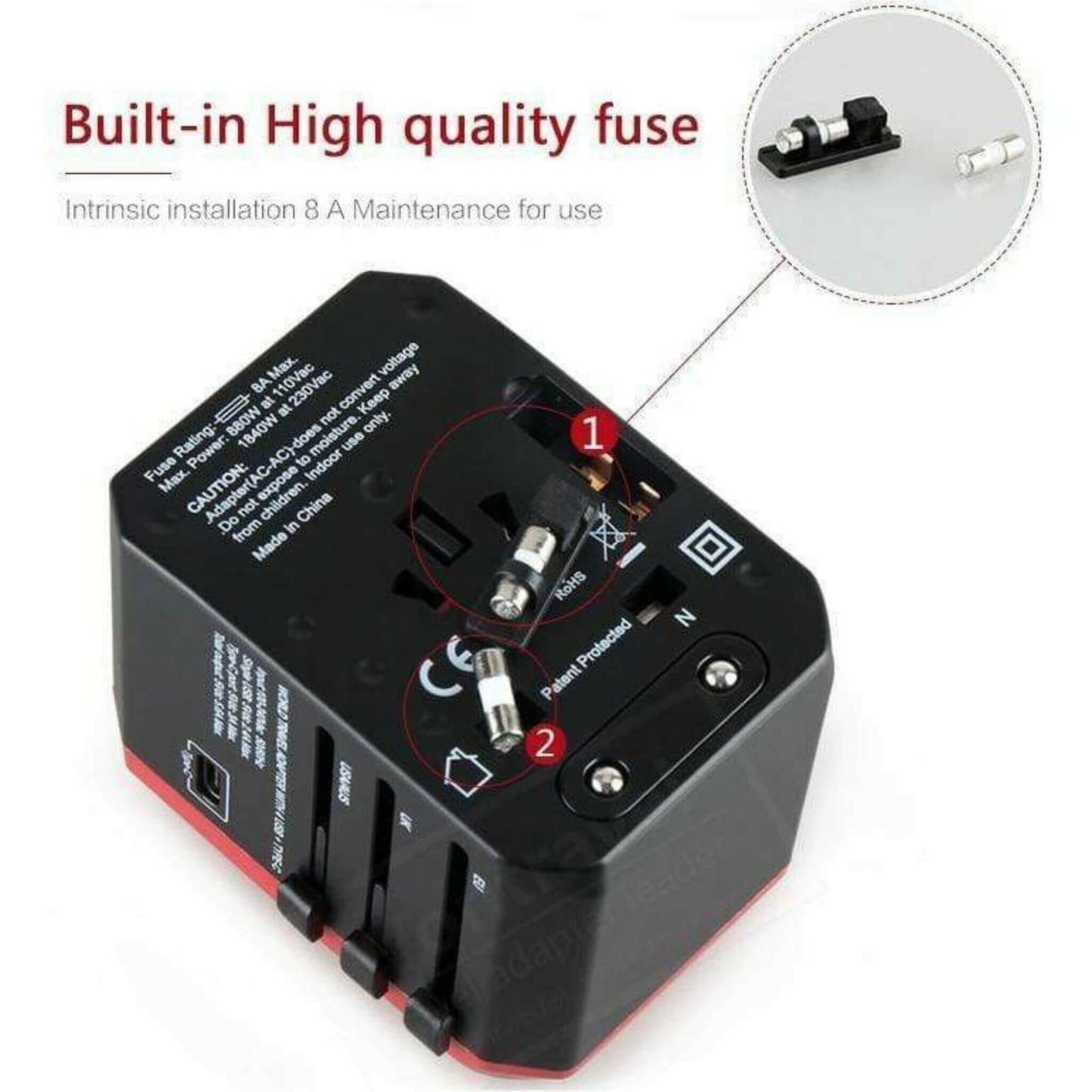 Universal Travel Adapte with quality fuse showing